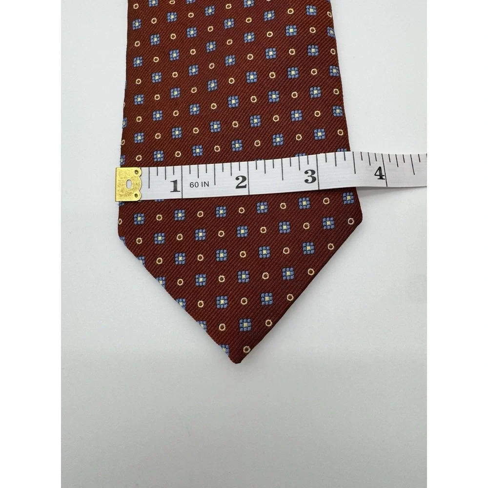 Barneys‎ New York Silk Tie Red Geometric Pattern Blue Gold Squares Made in Italy